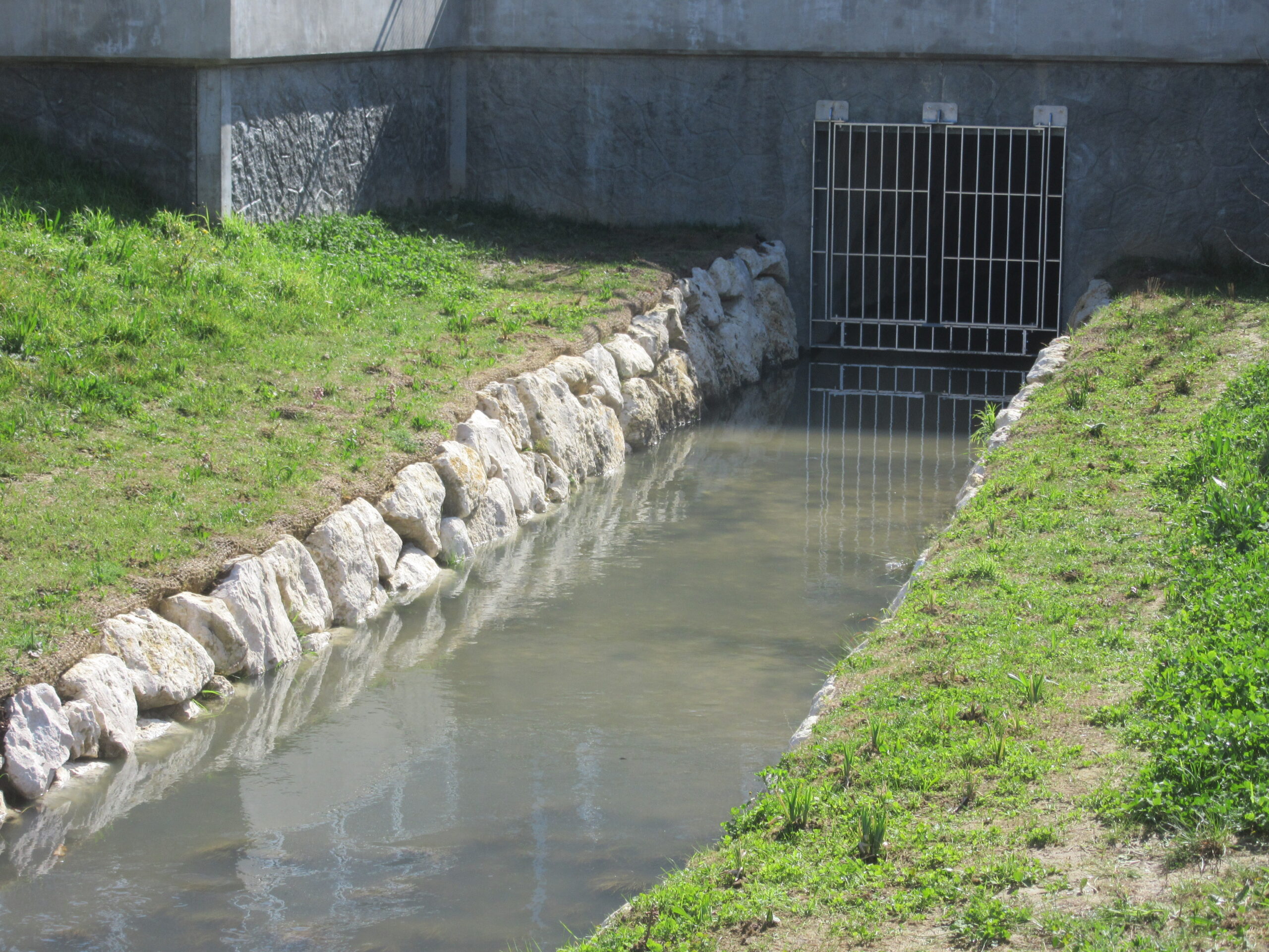 Image d'un cours d'eau (la Bièvre) qui coule dans un parc (parc du Coteau de Bièvre), Arcueil, Gentilly. Grille.