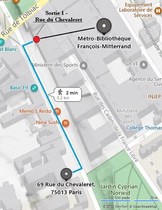 Itinéraire pour aller du métro 14 Bibliothèque François Mitterrand jusqu'au 69rue du Chevaleret (75013 Paris)
